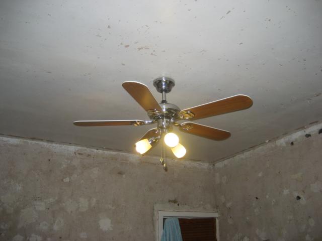 Ceiling finished, cleaned, wiring fixed and ceiling fan attached!